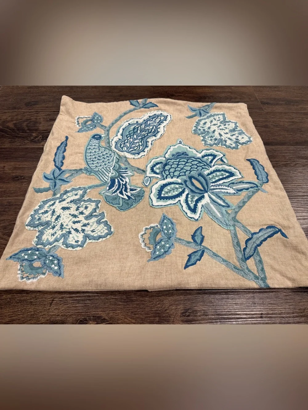 Pottery Barn Blue and Tan Embroidered Floral Pillow Cover
